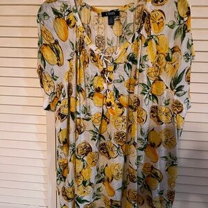 Chaps Lemon Print Tie-Front Tunic Top in Yellow and Green